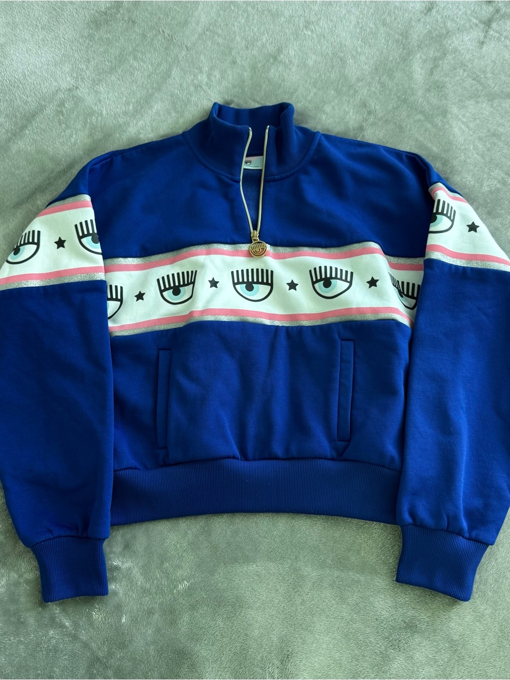 Blue Eye-Strip Pullover Sweatshirt with Pink & White Accents
